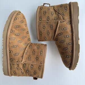UGG Classic Mini II Embossed Chestnut Suede Sheepskin Lined Ankle Boots Womens 4